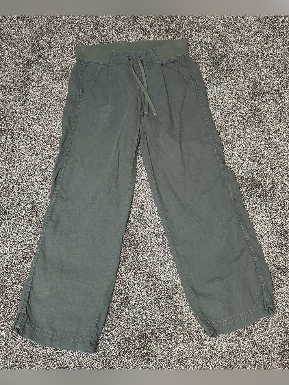 Athleta Linen Reverie Jasper Green Linen Wideleg Drawstring Pants Size 0